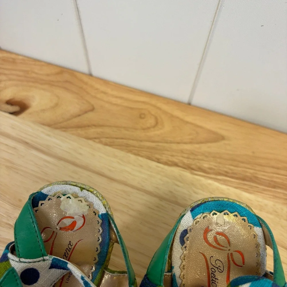 Poetic Licence Mod T Strap Wedge Sandals Womens Size 8/39 Whimsical Geometric